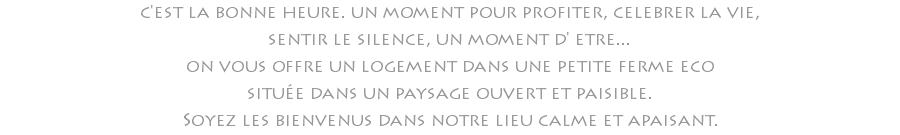 c'est la bonne heure. un moment pour profiter, celebrer la vie, sentir le silence, un moment d' etre... on vous offre un logement dans une petite ferme eco située dans un paysage ouvert et paisible. Soyez les bienvenus dans notre lieu calme et apaisant.