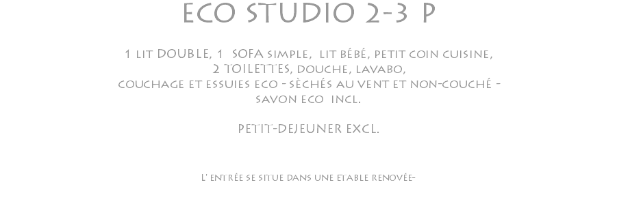 ECO STUDIO 2-3 P 1 lit DOUBLE, 1 SOFA simple, lit bébé, petit coin cuisine, 2 TOILETTES, douche, lavabo, couchage et essuies eco - sèchés au vent et non-couché - savon eco incl. PETIT-DEJEUNER EXCL. L' entrée se situe dans une etable renovée-