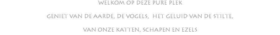 WELKOM OP DEZE PURE PLEK GENIET VAN DE AARDE, DE VOGELS, HET GELUID VAN DE STILTE, VAN ONZE KATTEN, SCHAPEN EN EZELS